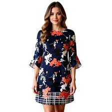 Vince Camuto Navy Blue Coral Floral Bell Sleeve Shift Dress Size 4