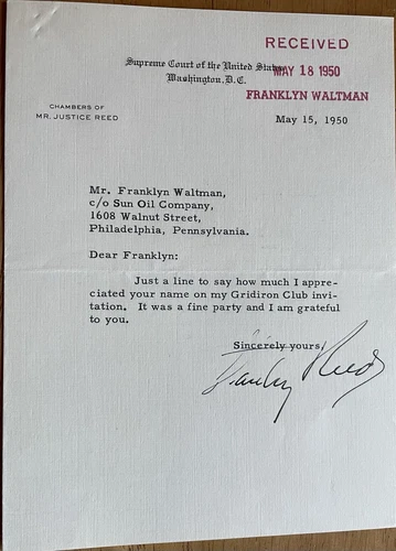 Lettre autographe du juge Stanley Reed de la Cour suprême des États Unis