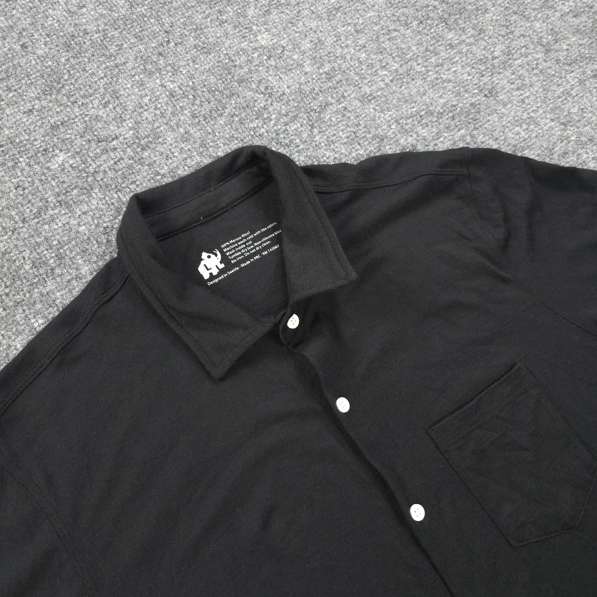 スーパー Woolly Shirt Mens Large Black Merino Wool Short Sleeve Button Up