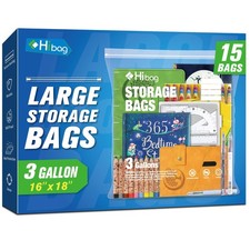 3 Gallon Extra Large Zippered Plastic Bags for Storage, 16'' x 18'', Clear St...