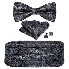 Men Silk Paisley Cummerbund and Pre-tied Bowtie Handkerchief Cufflink Set for...
