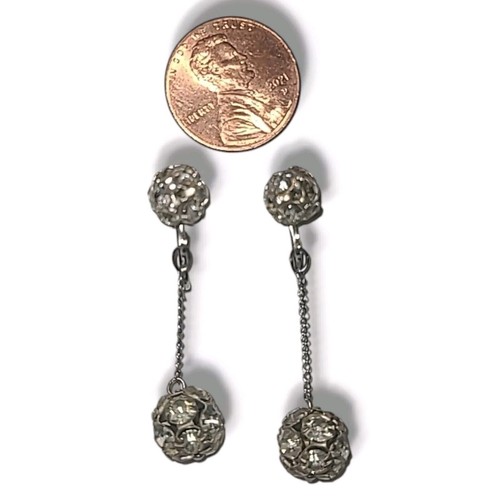 Vintage Silver Tone Rhinestone Ball Drop Clip-on Earrings - Picture 3 of 6