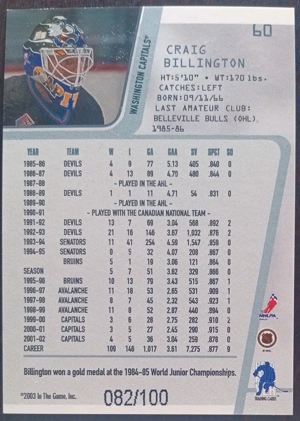 2002 - 2003 ITG Between The Pipes Craig Billington Capitals /100 #60 Hockey Card - Image 2 of 2