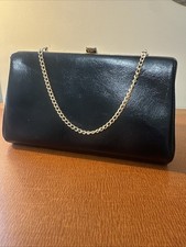 Vintage 1950-60's Ladies Art Deco Faux Leather Gold Clasp Black Clutch Bag