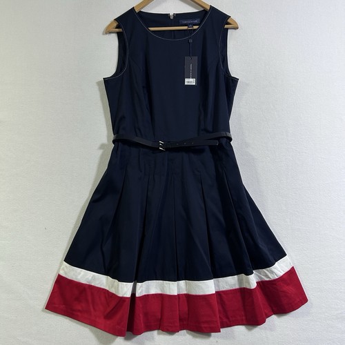 Tommy Hilfiger Plissee Fit & Flare Damen ärmelloses Kleid 12 Maritim Preppy