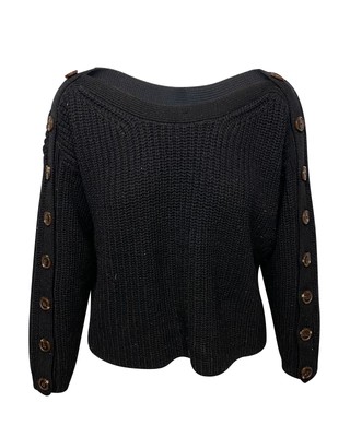 Ba&Sh Hades gerippter Damenpullover aus Wolle mit Knöpfen und Details schwarz Größe 7
