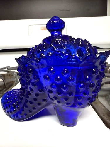 Fenton Glass Shoe Slipper Cobalt Blue w/Lid Hobnail Vtg Has Scratch Inside- Cool