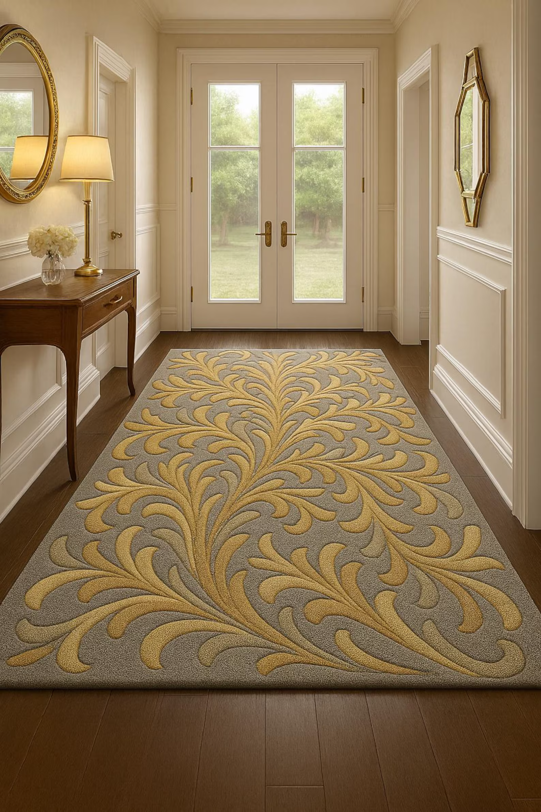 Hand-Tufted Wool Rug: Golden Floral Scroll, Textured Accent