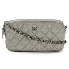 Chanel Caviar Skin Chain Wallet Women Silver One Size