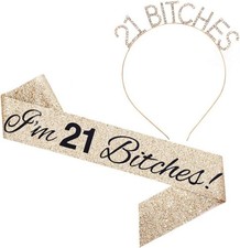 "I'm 21 Bitches" Sash  Rhinestone Headband Set - 21st Birthday Gifts Birthda...