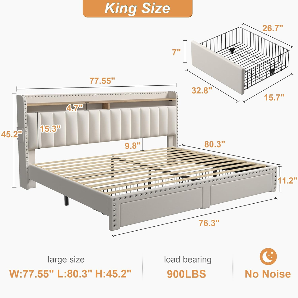 Enhomee King Size Bed Frame with Storage and Headboard, Upholstered