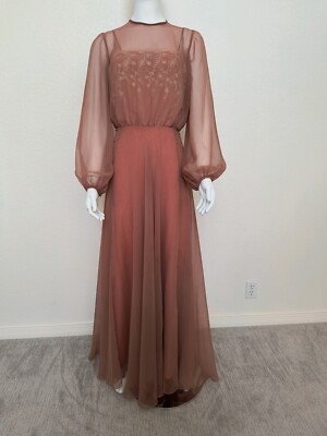 1950s chiffon dress Vtg 1950s Cocoa Color Chiffon Long Dress with Lace, Sz 4