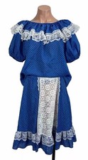 Vintage 70s 80s Square Dance Blue/White Polka Dot Blouse Skirt S Cowgirl Western
