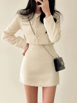 Two Piece Set Womens Outfits Long Sleeve Short Jacket + Mini Skirt Suits  Vintage | eBay