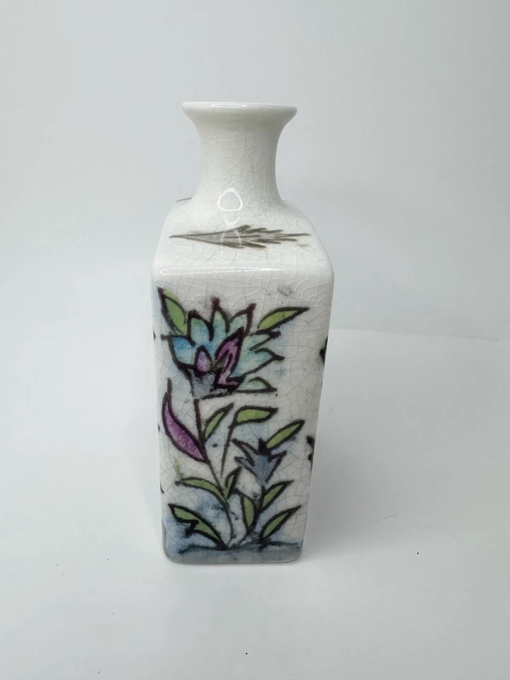 Pottery Barn Iznik 石器花瓶 鸟鹿纹理 Crazing 装饰 6.75 高 — 第 3/4 张图片