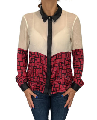 WOMEN'S SAVE THE QUEEN SILK SEMI SHEER GEOMETRIC  BUTTON DOWN BLOUSE S