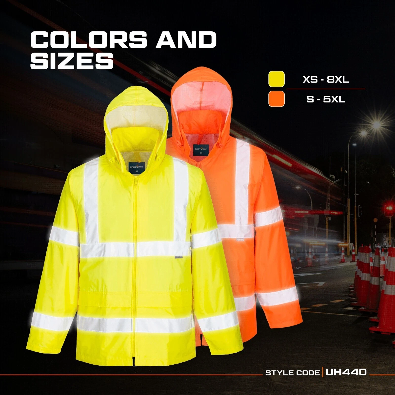 Portwest UH440 Mens Waterproof Hi Vis Rain Jacket Reflective Lightweight Safety - product detail image 4