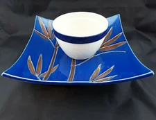 Large 12" Ceramic Pottery Platter Tray Chip and Dip Set Bowl Bamboo Cobalt Blue