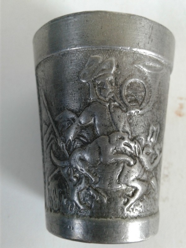 Vintage Man Dog Musical Instruments Pewter Shot Glass Tooth Pick Holder