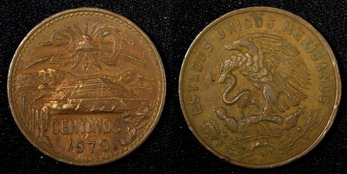 MEXICO Bronze 1970 Mo 20 Centavos KM# 440 (27 535)