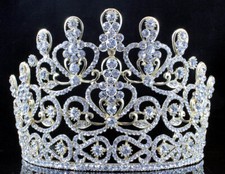 SENSATIONAL CLEAR CRYSTAL RHINESTONE LG TIARA CROWN BRIDAL PROM T11883G GOLD