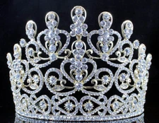 SENSATIONAL CLEAR CRYSTAL RHINESTONE LG TIARA CROWN BRIDAL PROM T11883G GOLD