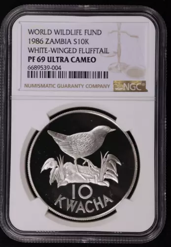 1986 Zambia Silver 10 Kwacha, White-Winged Flufftail WWF - NGC PF 69 UC