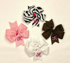 4 Personalized Hairbow Lot, 3" Toddler Girls Gray Monogrammed Bows Initial K