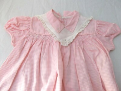 vtg Baby Debs doll dress pink check hand embroidered smocked lace 12 mo STAIN