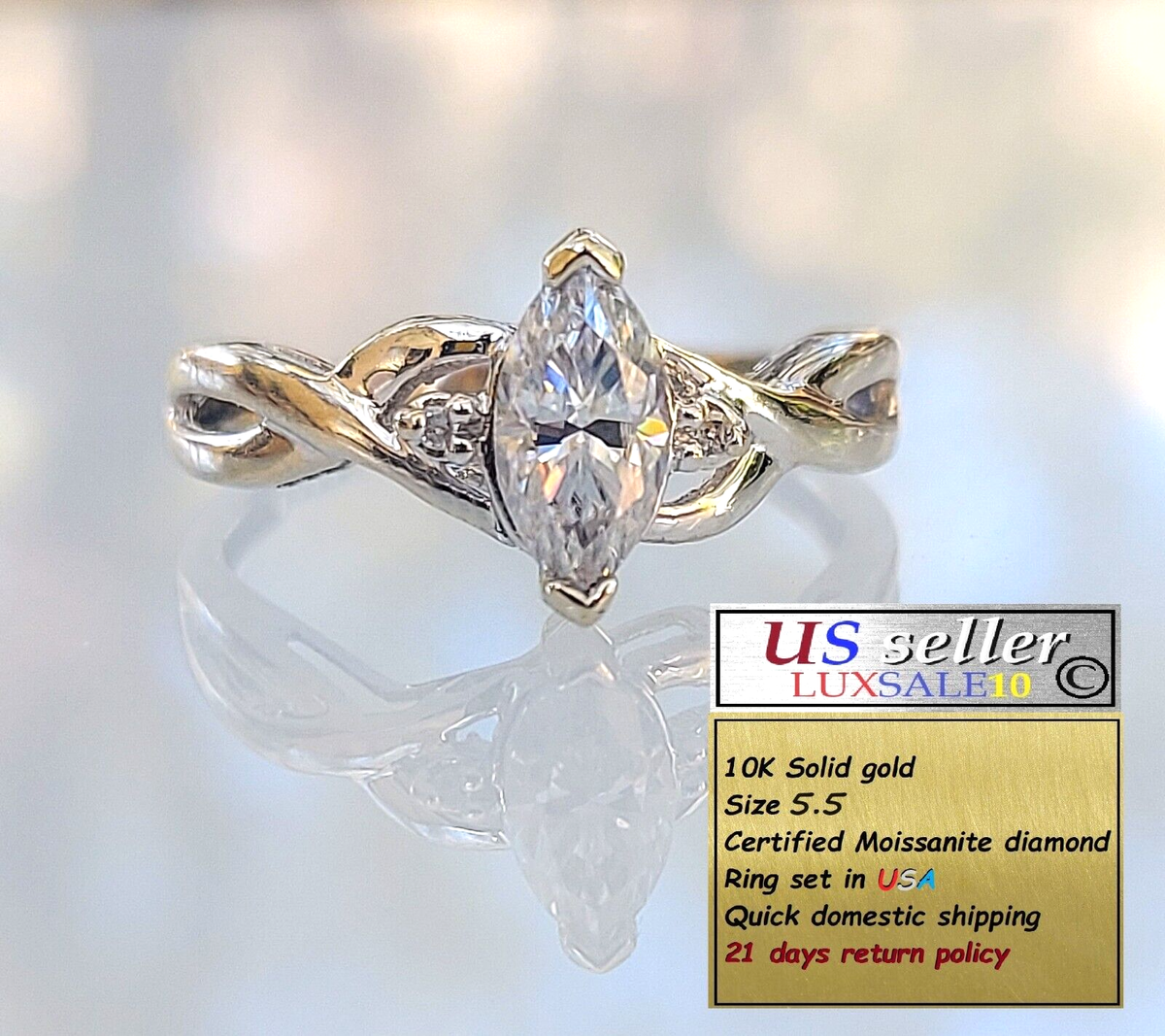 10k Solid white gold Ring Size carat Certified Marquise Half  carat