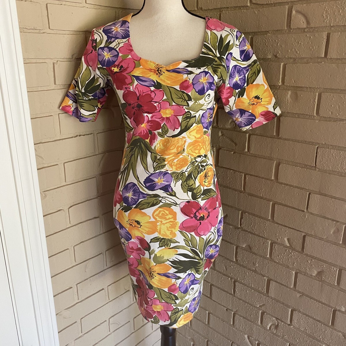 vintage print bodycon dress Express Tricot 90's Mini Floral Stretch Size Large L Ladies dresses