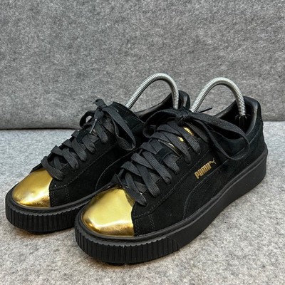 Puma Suede Platform Gold Toe Sneakers Women's Black Platform Shoes Size 7.5