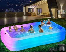 Large Solar Inflatable Pool with Lights, 130"x72"x22" Blow-Up Kiddie Pool wit...