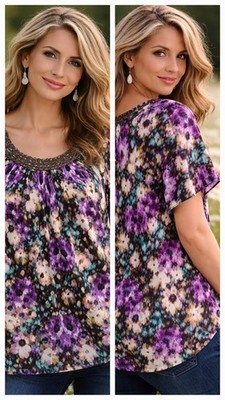 Women's 3X Embellished Tunic Top, round neck purple, white floral Essentials