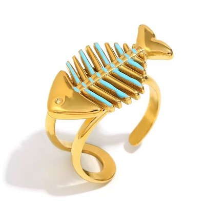 ZARD Fishbone Statment Ring with Turquoise Enamel In 18k Gold Plate
