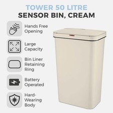 Image of TOWER PLASTIC HAND MOTION SENSOR LARGE CAPACITY TALL 50L CREAM BIN