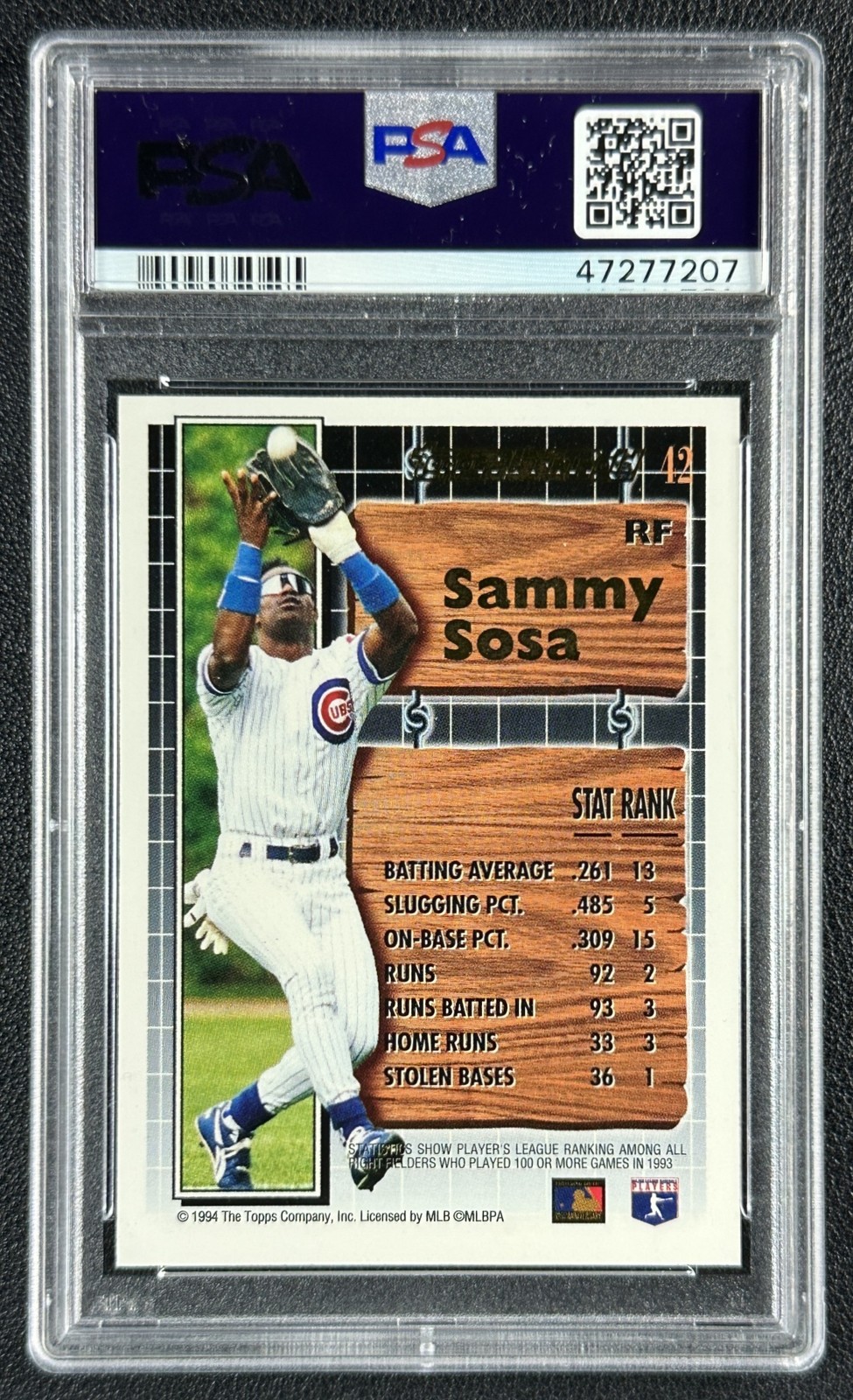 SAMMY SOSA PSA 10 1994 TOPPS #42A BLACK GOLD CUBS 7207 view 2