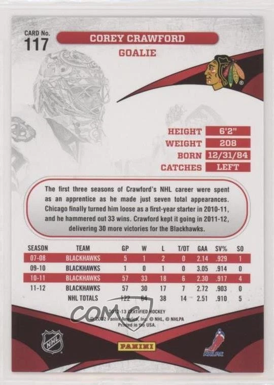 2012-13 Certified Marvels /999 Corey Crawford #117 - Image 2 of 2