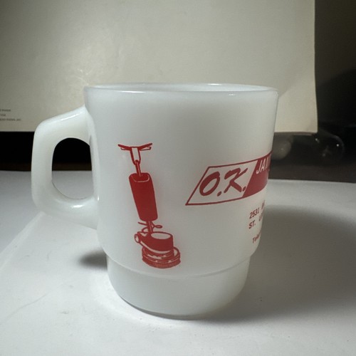 Fire King Vintage Stackable Coffee Mug Cup Advertising St Louis, MO Janitorial