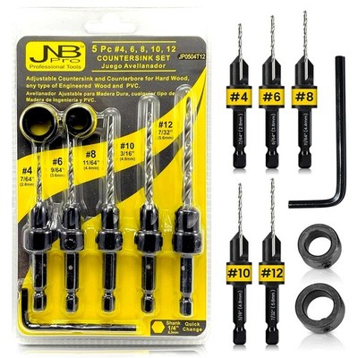 JNB Pro Wood Countersink Drill Bit Set - 5 Pc Adjustable Countersink Bit #4(7/64