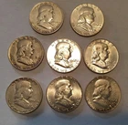 Lot Of 8 Circulated Benjamin Franklin Half Dollars 90% Silver 1950D 51P 63P 62P