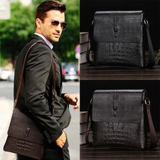 Men's Black Crocodile Leather Crossbody Bag - 10" Sling Shoulder Messenger Bag