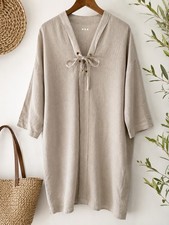 Three Dots 100% Linen Tunic Dress Lace Up Beige Oversized Lagenlook Coastal
