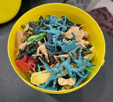140 VTG Plastic Cowboys Indians Army Men 1 Canoe 1 Wagon missing wheels 1 Horse