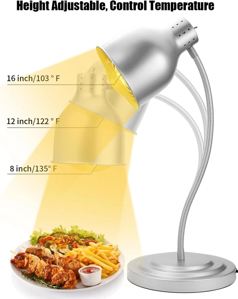 Heat Lamp for Food 2x 250W Bulbs, Flexible Arm, 4000+ Hr Life, Silver #R018 - Bild 4 von 4