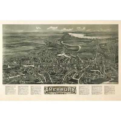 1914 Bird's Eye View Drawing of Amesbury Massachusetts Cityscape