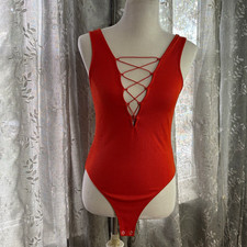 FOREVER 21 Women s Orange Solid Lace-Up V-Neck One Piece Bodysuit Size M