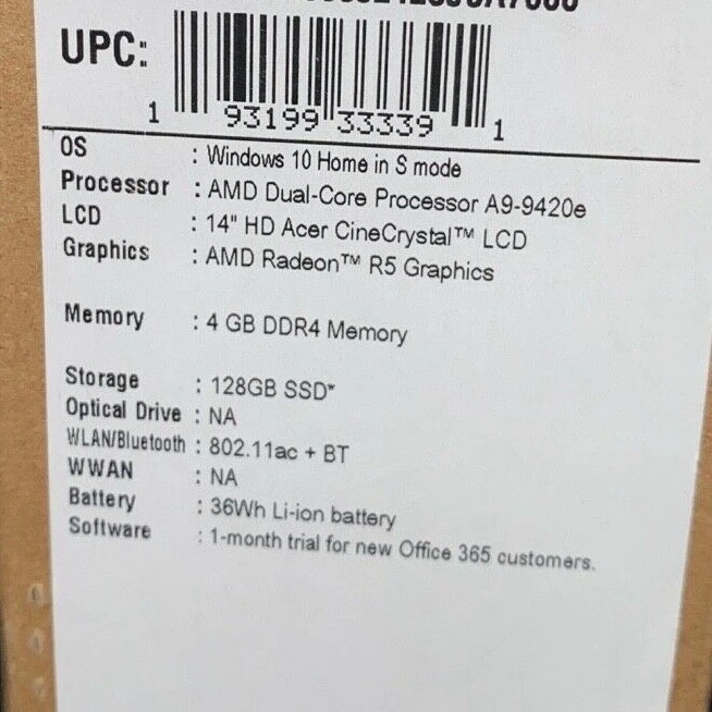 NEW*Acer Aspire 3 14" 128GB,AMD A9,1.80GHz,4GB Notebook/Laptop-Black A3142191V1 - Image 4 of 4