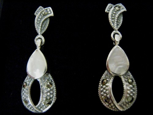 Sterling Silver White Mother of pearl Marcasite 25mm Drop Earrings - Picture 3 of 11