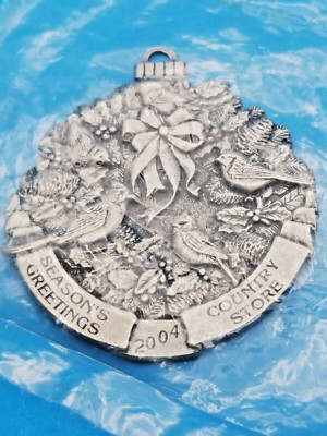 Vintage 2004 Pewter Season's Greetings Country Store  2'' Ornament with Birds NEW